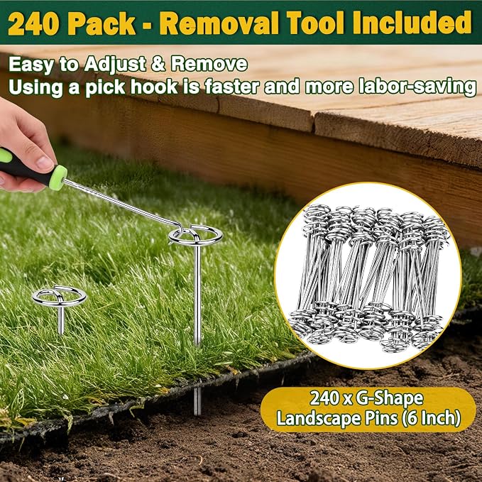 240 PCS Landscape Fabric Staples Pins,Thickened 8 Gauge Circle Top Landscape Fabric Stakes, 6 inch Galvanized Weed Barrier Stakes Pins with Removal Tool, Garden Staples for Weed Barrier Fabric