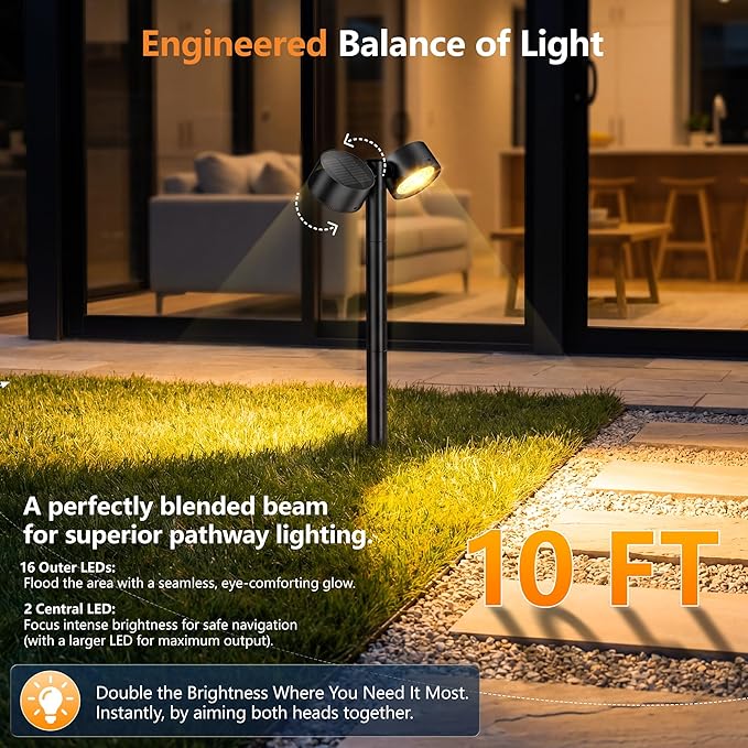 2X Brighter Solar Pathway Lights Outdoor, 150° Adjustable Dual-Head 18 LED Solar Lights Outdoor Waterproof, Up to 15 Hrs Auto On/Off Landscape Path Lights for Yard Garden Driveway Lawn, 2 Pack