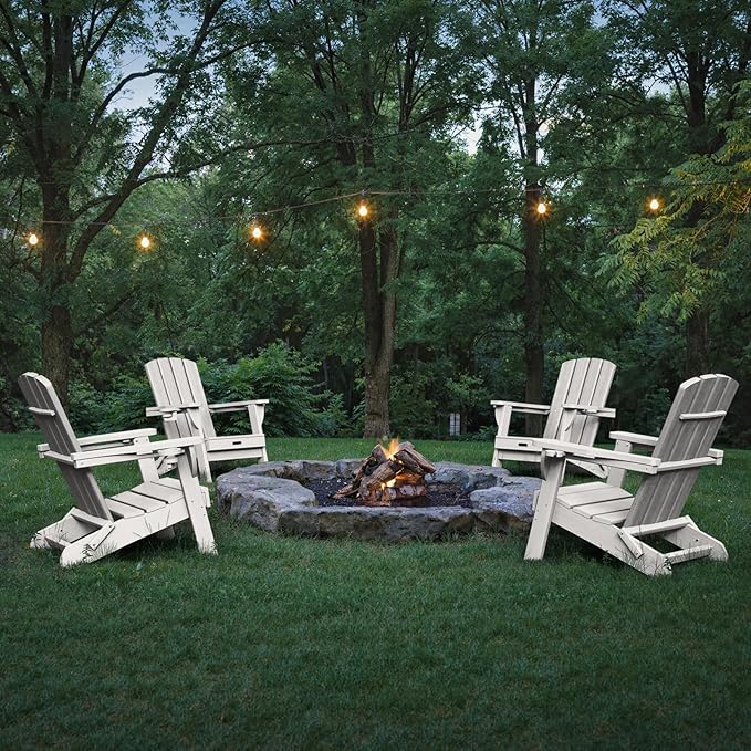 Folding Adirondack Chair, HDPE All-Weather Fire Pit Chairs, Plastic Adirondack Chairs with 2 Cup Holder, Outdoor Lawn Chair for Patio Garden (White)