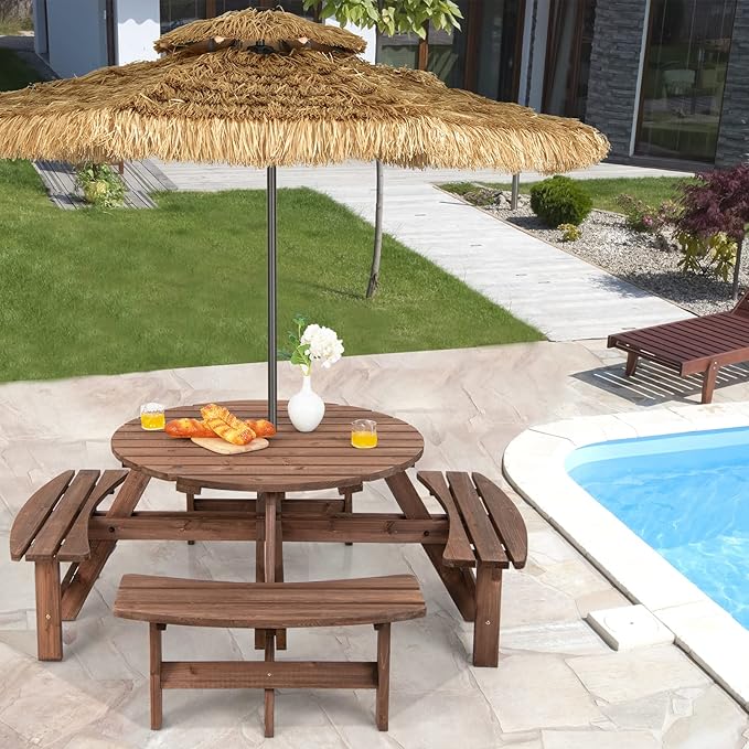 Tangkula 8 Person Wood Picnic Table, Outdoor Round Picnic Table with 4 Built-in Benches, Umbrella Hole, Outside Table and Bench Set for Garden, Backyard, Porch, Patio, 500lbs Capacity Per Bench