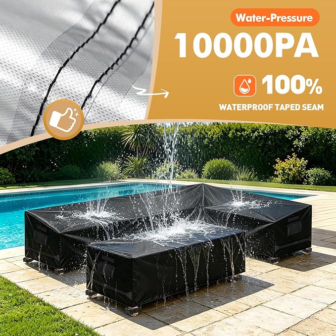 Outdoor 2PCS Patio Furniture Set Covers, 420D Patio L-shaped Sofa Cover and Table Cover Waterproof, Fit 6-Seater Outdoor Sectional Furniture Couch and Tables, Triple Windproof and Anti-UV, Black