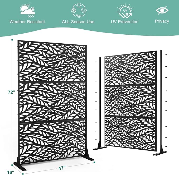 Metal Privacy Screen for Outdoor & Indoor Use, Free Standing Privacy Screen for Patio Garden Pool, 72" H x 47" W Decoative Privacy Panels, Weather Resistant, Easy Assembly (Black Spring Leaf)
