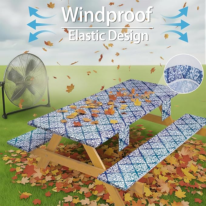 Fitted Waterproof Picnic Table Cover with Bench Covers Elastic Reusable Camping Table Cloths for 6Ft Rectangle Tables Summer Camp Motorhome Party Gear Outdoors Car Travel Trailer Gadgets Gift
