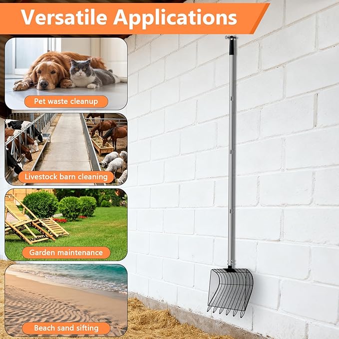 Chicken Poop Scooper & Rake, Stainless Steel Coop Scoop for Sand, Litter Sifting Shovel for Chickens, Adjustable Length 27" to 64"