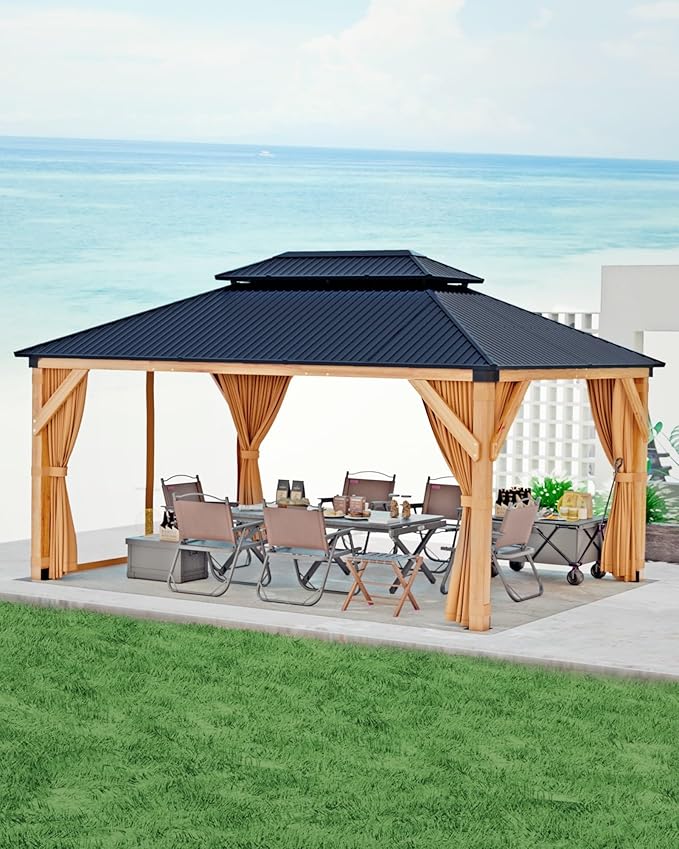 10x12 ft Hardtop Wood Gazebo for All Weather, Double Metal Roof, Heavy Duty Cedar Frame, Curtains & Netting, Permanent Outdoor Pavilion for Patio, Deck, Backyard, Lawn, Garden, Khaki