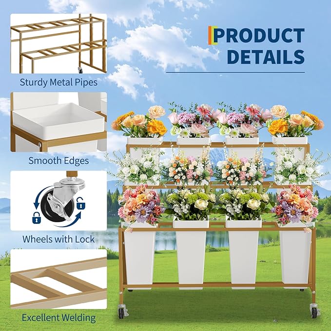 PeakPursuit 3-Tier Metal Flower Display Stand with 12 Square Plastic Buckets and Wheels,Flower Display Cart for Indoor and Outdoor Use, Gold