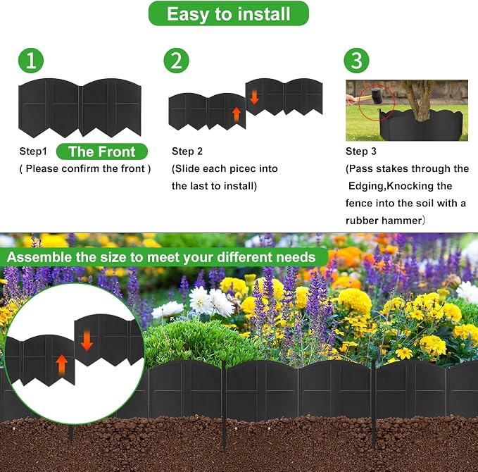 50ft Black Garden Edging Border, 50Pcs Landscape Edging with 50Pcs Stakes for Lawn, Flower Bed, Yard