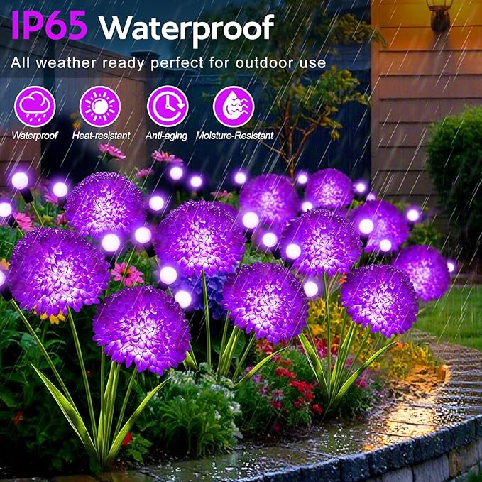 Solar Garden Lights, 4 Pack Solar Purple Swaying Firefly Lights with Flowers, Waterproof Purple Halloween Flowers Light Outdoor for Garden Patio Yard Fall Decoration, Gifts for Women Mother's Day