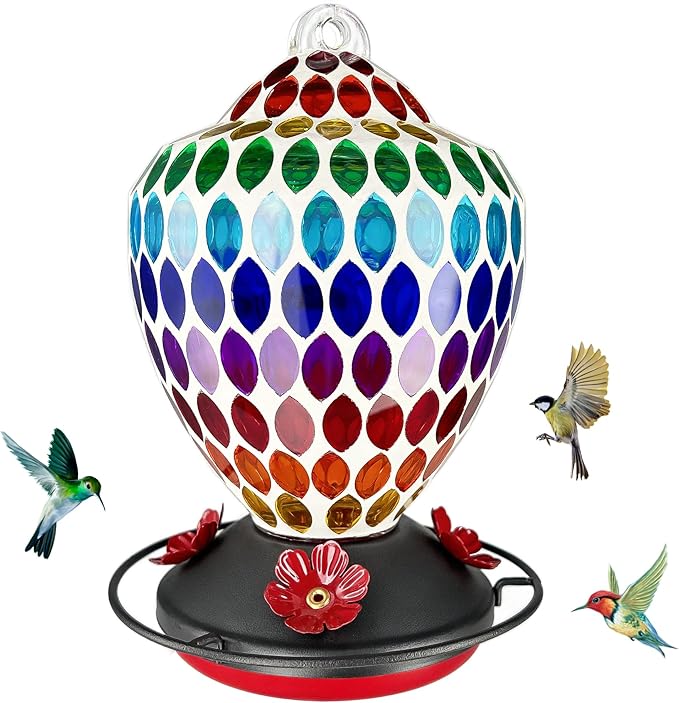 Lily's Home Mosaic Glass Hummingbird Feeder 35oz - Colorful Garden Décor - Easy Refill Wide-Mouth - Includes S Hook & Brush for Bird Lovers - Measures 5.9’’x5.9’’x8.3’’