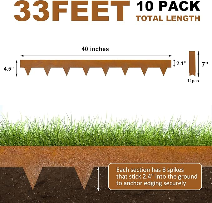 Hugeleaf 4.5 Inch Pre-Rusted Cor-Ten Steel Landscape Edging with 11 Pcs Metal Clips, Hammer-in Heavy Duty Metal Edging Pack of 10 (33 Feet Total Length) -Edge for Lawn Garden Yard