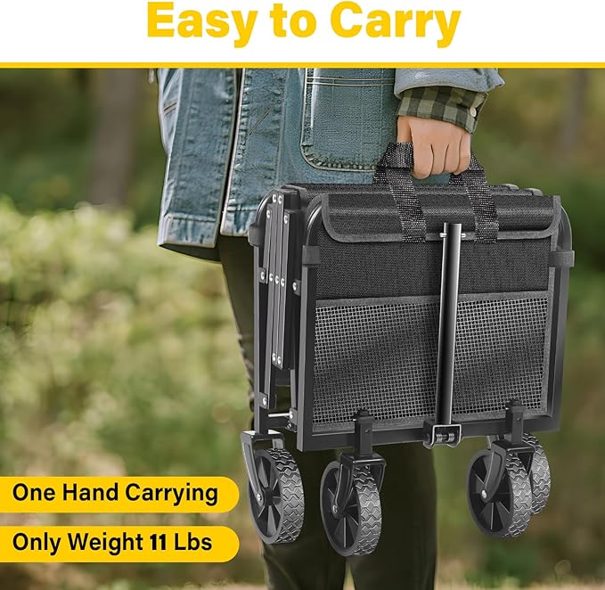 Wagons Carts Foldable, Collapsible Wagon with Wheels — Foldable Wagon for Groceries,Picnic,Beach,Camping, Small Hauls, Apartment Moving Storage, Portable Utility Folding Wagon Cart, 360lbs, Black