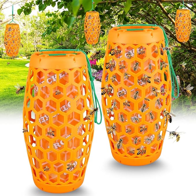 Wasp Trap Bee Catcher - Outdoor Hanging Carpenter Bee Traps with 4 Sticky Boards, Non-Toxic Reusable Hornet & Yellow Jacket Trap, 2 Pack (Orange)
