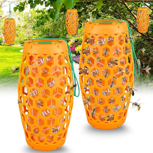 Wasp Trap Bee Catcher - Outdoor Hanging Carpenter Bee Traps with 4 Sticky Boards, Non-Toxic Reusable Hornet & Yellow Jacket Trap, 2 Pack (Orange)