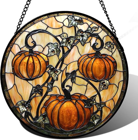 DASTOLL Stained Glass Window Hanging - Halloween Decoration Orange Pumpkin Vine Leaves Suncatcher for Door Garden Spooky Sun Catchers Gothic Decor Horror Gifts for Women Men Friend Boy Girl 15 in