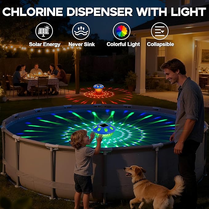 AquClor Chlorine Floater with Light,Pool Chlorine Floater with Adjustable Flow,Solar Chlorine Floater w/Large Capacity,Collapsible Floating Chlorine Dispenser for Pool,Hot Tub Chlorine Floater,White
