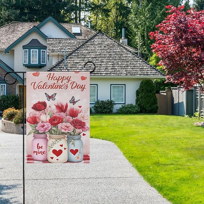 Happy Valentine’s Day Flowers Pink House Flag 28x40 Inch Double Sided Outside Love Tulip Rose Spring Butterfly Seasonal Yard Outdoor Flag Banner for Garden Lawn Patio Holiday Decorations