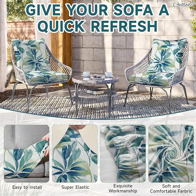 CALBODE 12 Pcs Stretch Outdoor Seat Cushion Covers, Botanical Chair Seat Cover for Patio Furniture Cushions Washable Reusable Indoor and Outdoor Couch Cover Replacement (Blue Leaves, Cover Only)