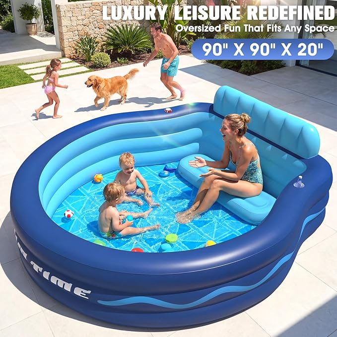Inflatable Pool with Seats and Headrest,Oversized Thickened Large Blow Up Pool for Audlt,Inflatable Backyard Pools for Adult,Durable Swim Center Inflatable Family Lounge Pool 90"×90"×20"-Navy