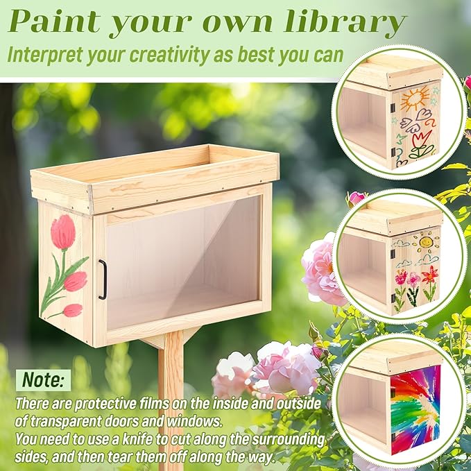 Wonderjune Wooden Little Library Box Outdoor Free Library Box Storage with Floor Plugs and Small Flower Fence for DIY, Neighborhoods, Community, Schools Sharing Books, Newspapers
