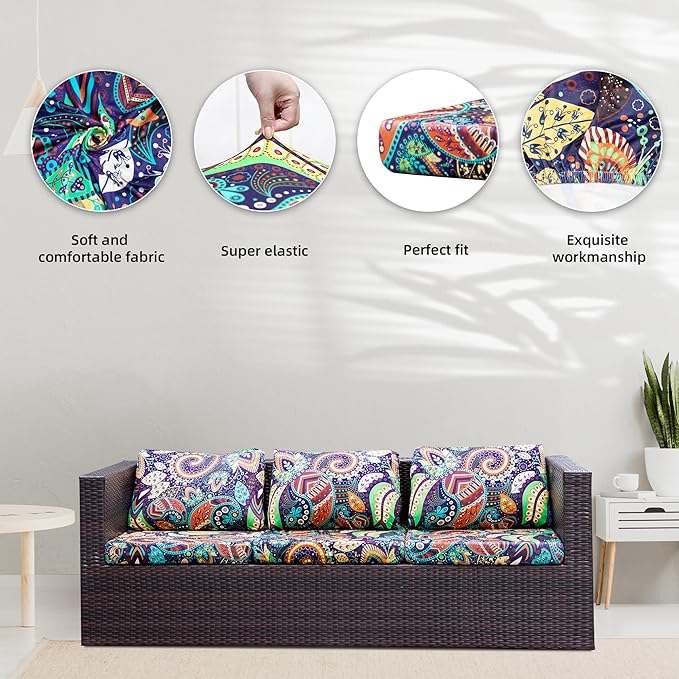 BIETYONE 8Pcs Stretch Patio Cushion Covers,Outdoor Couch Covers Replacement,Outdoor Couch & Sofa Slipcovers,for Patio Furniture Cushion Covers,Washable Reusable urniture Protector (Rococo,Cover Only)