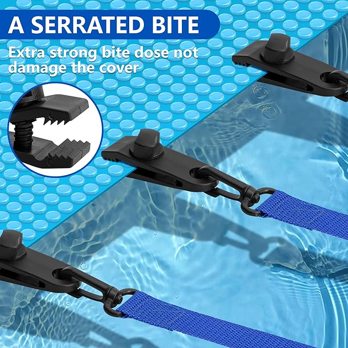 codree 24 Pcs Pool Solar Cover Reel Attachment Kit, Inground Swimming Pool Solar Cover Straps and Clips, Solar Blanket Strap Kit Including 8 Straps with Hooks, 8 Clips and 8 Touch Fastener (Blue)