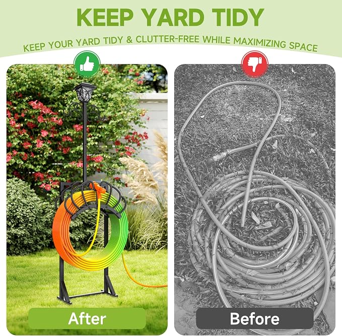 New Upgraded 3-in-1 Garden Hose Holder with Solar Light & Shepherds Hooks | Stores 160" Hose, Freestanding with Double Hooks for Hanging Decor - Perfect for Outdoor Yard, Lawn & Patio at Night