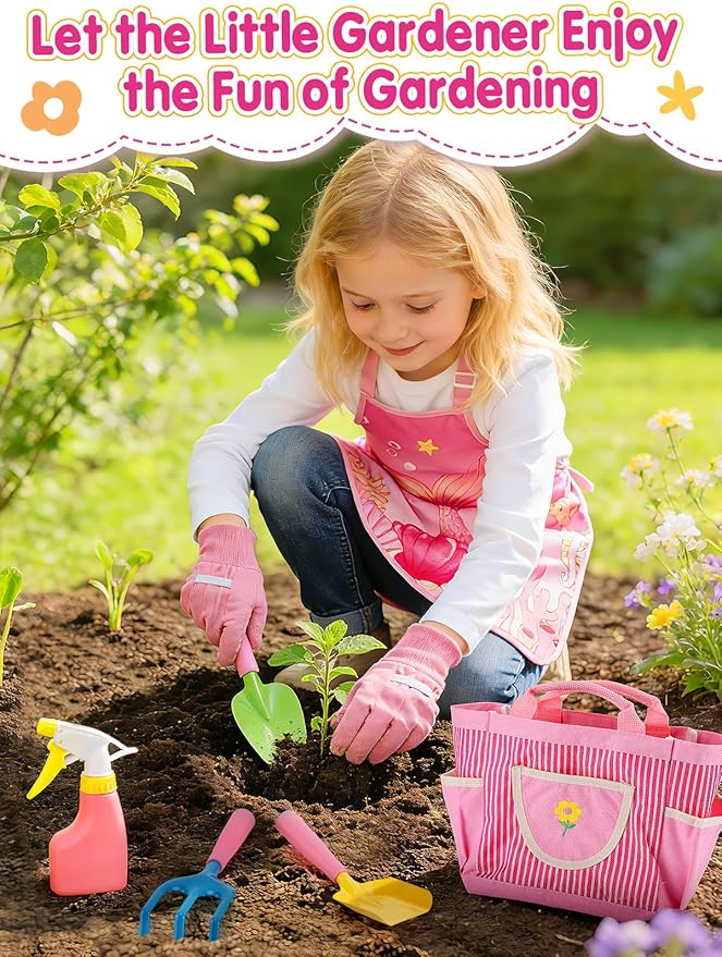 Kids Gardening Tool Set - Garden Tools for Kids with Shovel Trowel Rake Apron Gloves Watering Can and Tote Bag, Outdoor Toys Great Gifts for 3 4 5 6 7 8+ Years Old Girls (Upward Mermaid Tail)
