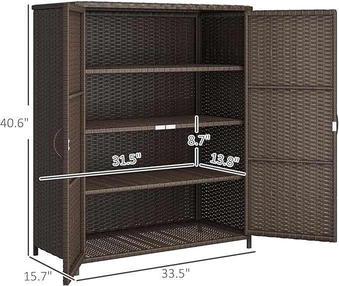 Outsunny Wicker Outdoor Storage Cabinet with Shelves, 4-Shelf Outdoor Pool Towel Cabinet with Two Doors, Rattan Patio Storage Shelves for Garden, Backyard, Porch, Dark Coffee