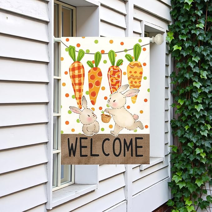 Large Easter Garden Flag 28x40 Inch Double Sided Welcome Bunny and Carrot Yard Flags Spring Outdoor Porch Decorations Farmhouse Easter Bunny House Banners for Lawn Patio Garden and Home Decor