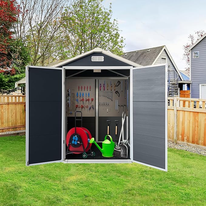 YOPTO 6x4 FT Storage Shed,Plastic Outdoor Storage Shed with Floor and Lockable Door,Waterproof Garden Shed W/Windows & Vents,Sloped Roof,Tool House for Storing Bicycles,Lawnmowers,Cold Grey
