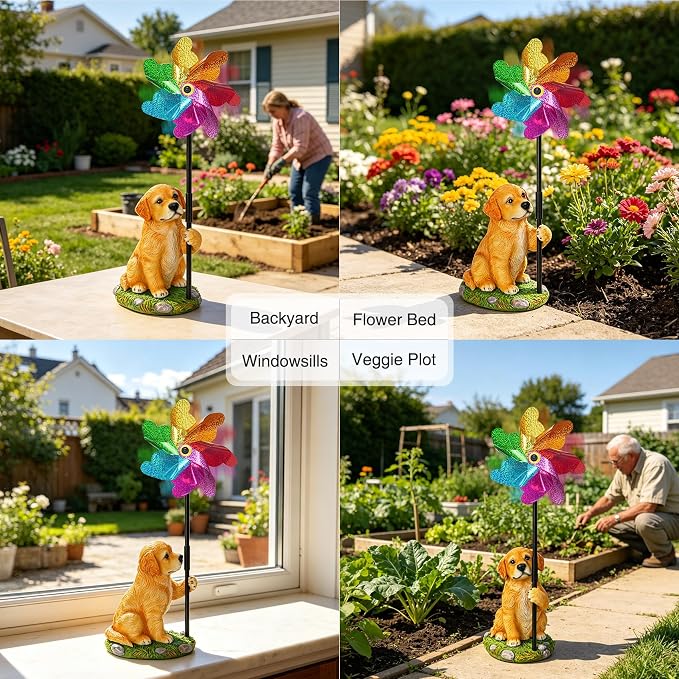 Dog Wind Spinner Decor, Waterproof Resin Golden Retriever Garden Statue with Colorful Pinwheel for Outdoor Patio, Flower Bed, Poolside, Backyard Lawn