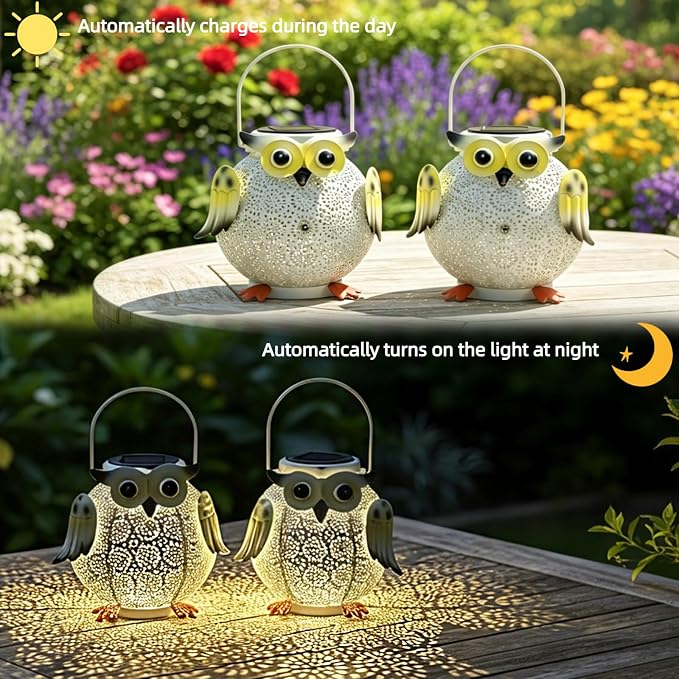 2 Pack Hanging Solar Lanterns - Garden Light Waterproof Metal Decorative Solar Lantern Lights Outdoor for Patio Yard Table Pathway (White owl 2pk)