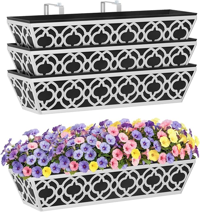 HFHOME 4 Pack 24 Inch Railing Planter Boxes with Adjustable Brackets & Non-Woven Fabric Liner Adjustable Gray Metal Window Box Planter for Balcony Deck Fence, Hanging Flower Basket for Outdoor Garden