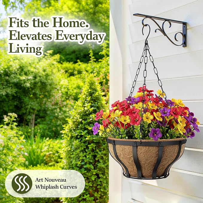 VOXOR Artificial Hanging Flowers with Hanging Baskets for Outdoors, 12 Inch Metal Hanging Planter with 12 Bundles UV Resistant Fake Flowers, Faux Hanging Plants for Porch Patio Garden Balcony Decor