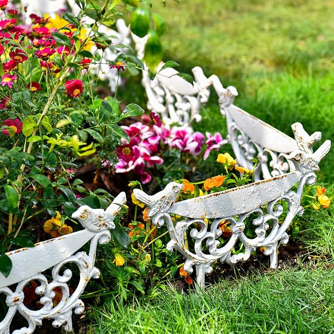 Sungmor Decorative Cast Iron Garden Edging Border, 4 Pack White Landscape Edging Low Picket Fence, 9.9inch Tall Outdoor Flower Bed Lawn Fence Panels, Vintage Metal Yard Decor Stakes