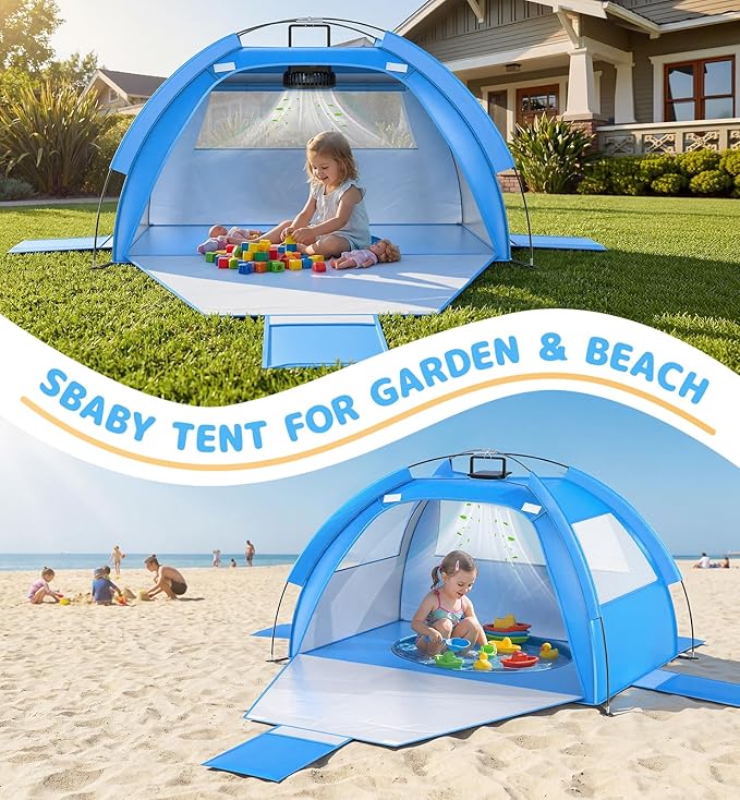 Baby Beach Tent Solar Cooling Fan, Anti-UV Toddler Beach Tent Sun Shelter Portable Travel Fan Beach Shade Tent, Baby Play Tent Built-in Ceiling Fan Sun Shelters Toddler Beach Essentials