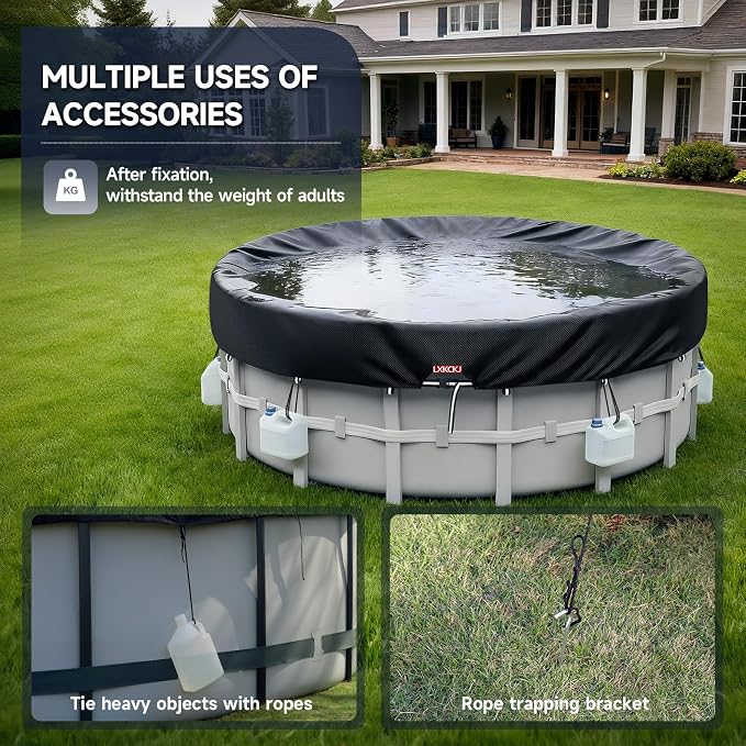 LXKCKJ 21FT Pool Cover for Above Ground Pool, Round 420D Solar Oxford Tarp | 100MPH Windproof with 2 Buckles and & Weight Rings, 634N Tear-Resistant, Waterproof 10000PA, UV Protection, Cuts Evaporation
