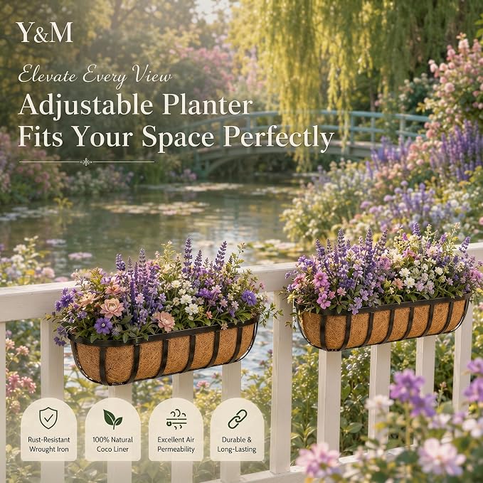 Y&M 24 Inch Railing Planter Boxes 2Pack, 2-in-1 Window Box and Deck Railing Planters with Coco Liners, Heavy Duty Metal Flower Troughs with Adjustable Brackets for Balcony, Patio and Garden