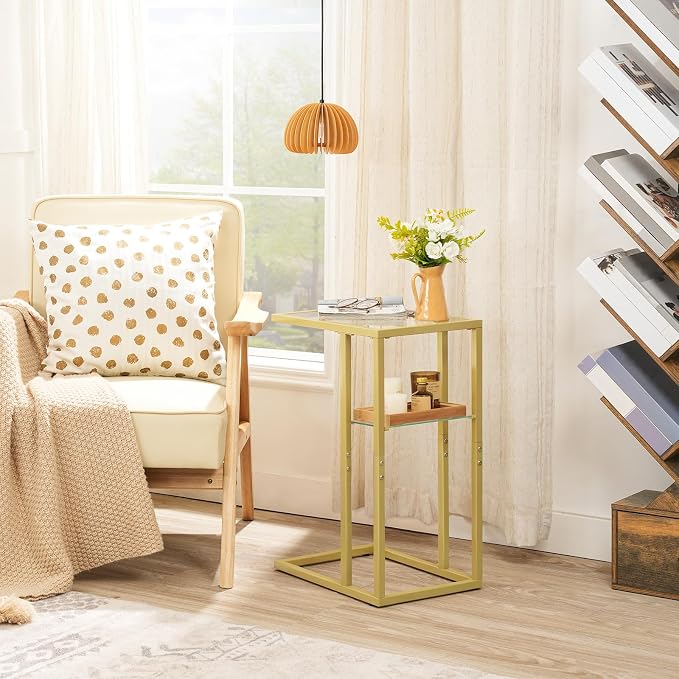 HOOBRO Plant Stand and End Table, 47.2" Tall Metal Plant Shelf, 7 Tiered Corner Plant Stand, C Shaped Side Table with Tempered Glass, 24.4’’ Small Side Table for Sofa, BF09DHJ01-GD08SF01