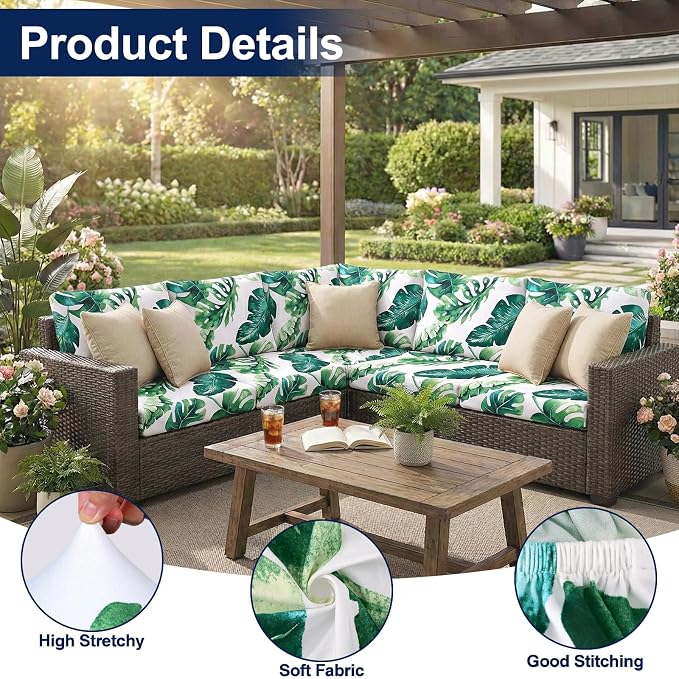 Smiry Waterproof Patio Cushion Covers, Stretch Outdoor Couch Slipcovers Replacement Washable Furniture Protector Sofa Chair Seat Cover for Dogs and Pets (4 Pcs, Green)