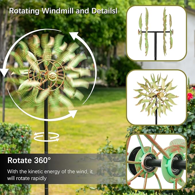 Large Wind Spinners Outdoor Metal, 360° Double-Layer Garden Wind Spinners Sculptures, 63" ×13.4", Kinetic Pinwheels for Yard and Garden Patio & Lawn (Green Copper)