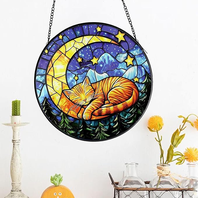 Cat Stained Glass Suncatcher Window, Cat Sun Catchers Indoor Window, Suncatcher for Mom/Women (Moon Sleeping)