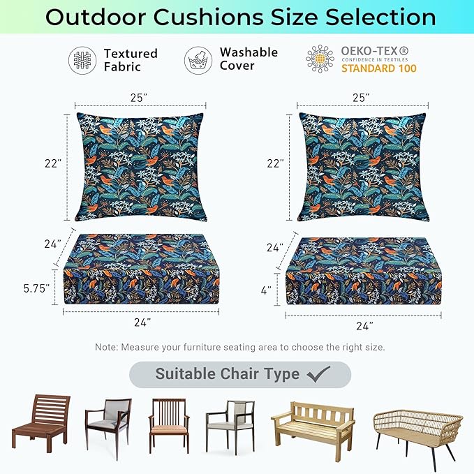 IPYNBAP Outdoor Cushions for Patio Furniture,Outdoor Seat Cushion Set 24 x 24 x 4 Inch,Waterproof & Fade Resistant Outdoor Chair Cushions,Deep Patio Chair Cushion with Removable Cover,Nightingale