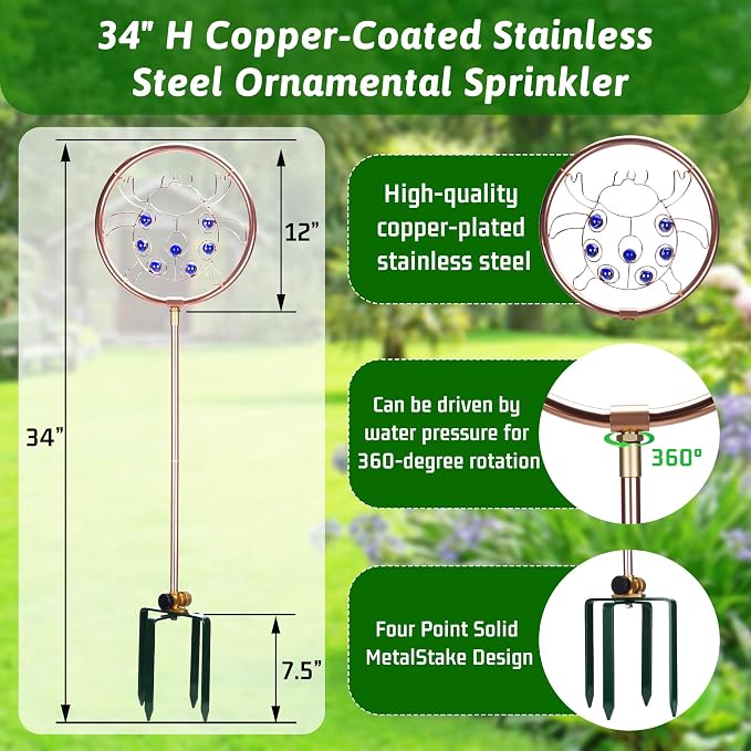34" Tall Copper-Coated Stainless Steel Garden Sprinkler, 360° Rotating Decorative Ornamental Sprinkler for Lawn, Yard & Landscape Watering (Ladybug)