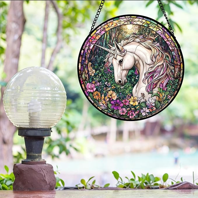 DASTOLL Stained Glass Window Hanging, Unicorn Flowers Suncatcher for Doors Home Sun Catchers Decoration and Christmas, Mother's Day Birthday Gifts for Women, Men, and Mom 6.3 in