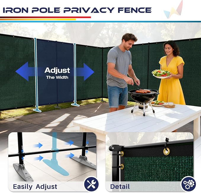 Windscreen4less Outdoor Privacy Fence Screen, 6'x140' Freestanding Privacy Fencing Set with Iron Poles and Ground Spikes, UV Resistant Mesh Cover Garden Pet Fencing for Backyard Patio Pool, Green