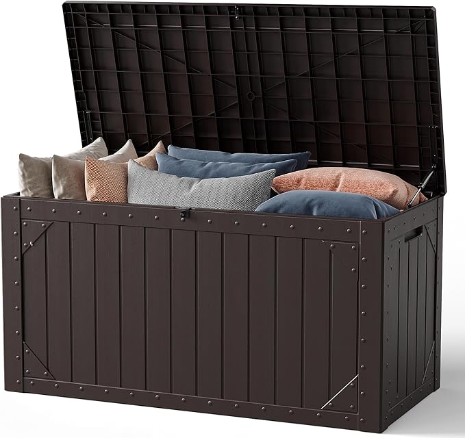 Outdoor Storage Box, 98 Gallon Deck Box, Outdoor Storage Bench, Waterproof Resin Storage Bench with Lockable Lid, Patio Furniture Cushions & Garden Tools Storage, UV Resistant (Brown)