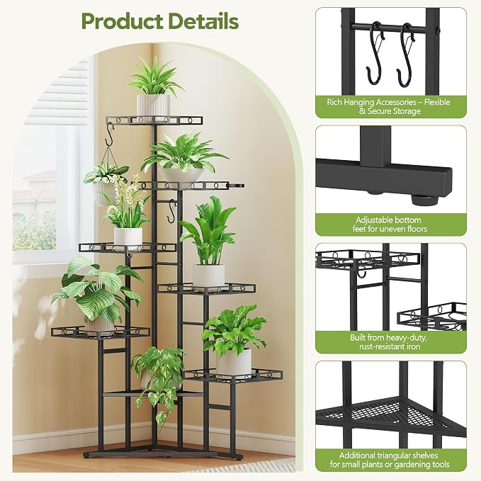 Quikraen 46" Tall Plant Stand Indoor,Multiple Tiers Corner Plant Shelf for Corner,7-Tier Large Metal Flower Holder, Plant Rack for Home Decor, Patio (Black)