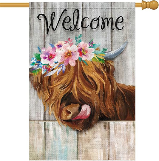 Heyfibro Welcome Summer Highland Cow Garden Flag 28x40 Inch Double Sided Burlap, Farmhouse Floral Cow Yard Decor Spring Summer Flowers Porch Flag for Rustic Seasonal Outdoor Decoration(ONLY FLAG)
