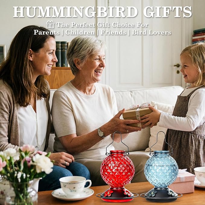 Glass Hummingbird Feeder for Outdoors Hanging, 2 Pack 25 OZ Humming Bird Nectar Feeder with 4 Bee Guard Feeding Ports & Built-in Ant Moat, Bird Feeder for Outside, Gifts for Women Mom, Red